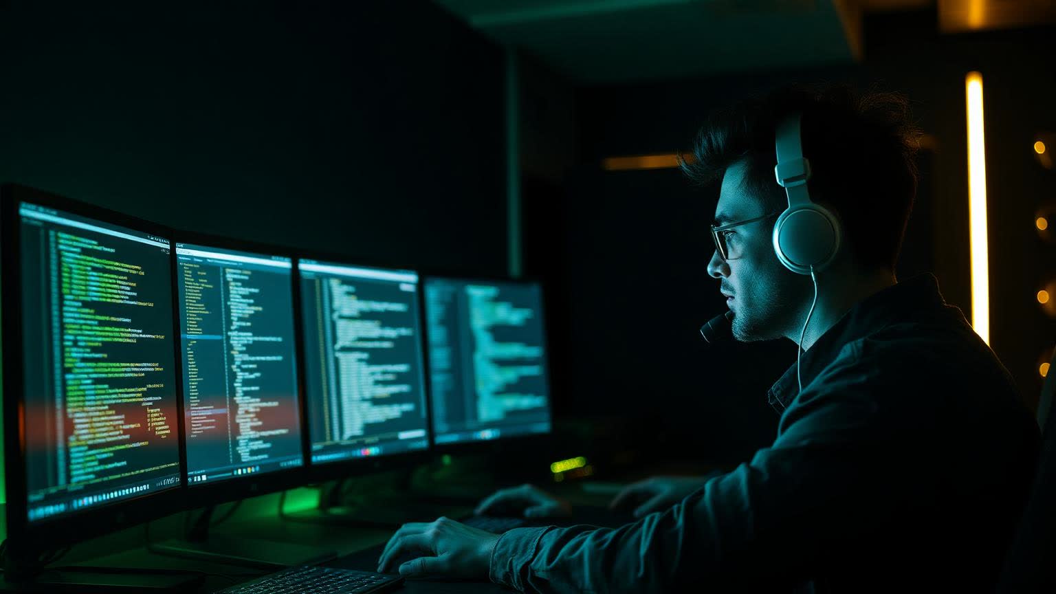 A software engineer working with API code on screen