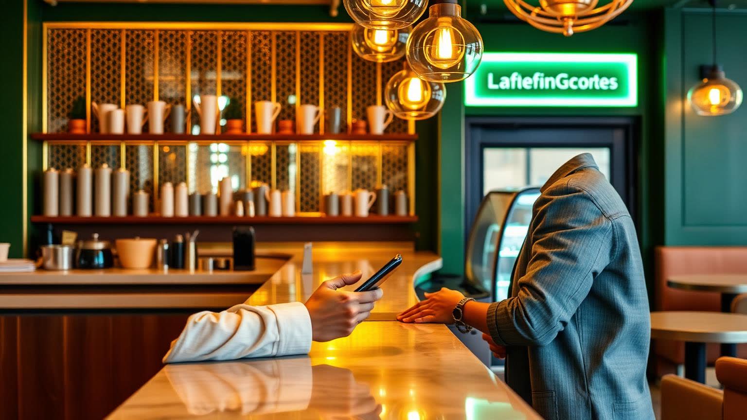 A customer scanning a QR code to pay at a cafe counter