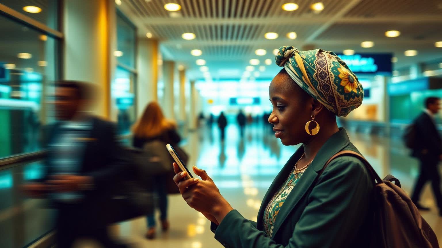 A traveller sending money on her phone in an airport terminal